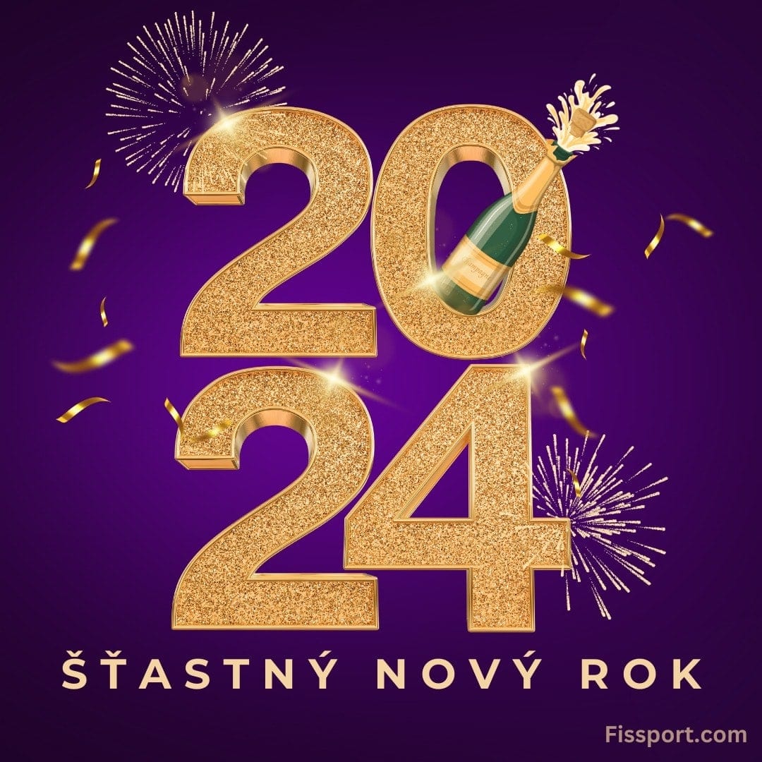 Velký zlatý "2024" s ohňostrojem a lahví šampaňského, text níže: Šťastný nový rok