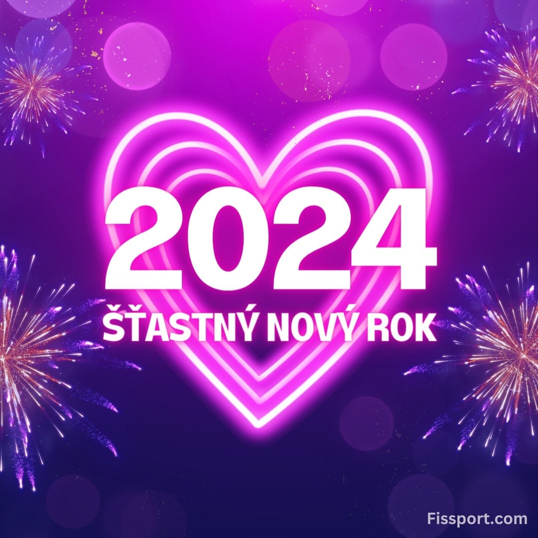 růžové zářící srdce a ohňostroj s textem uprostřed: 2024, šťastný nový rok