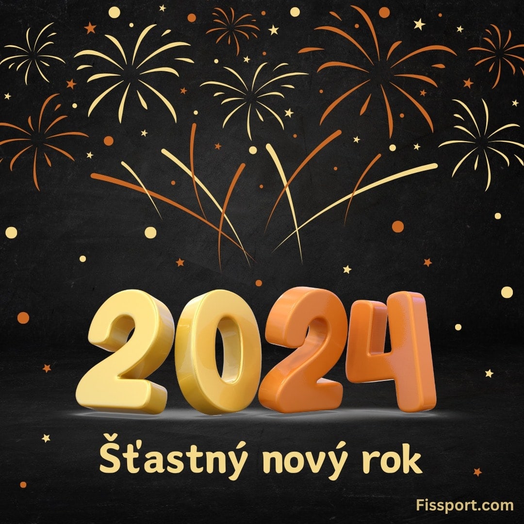 3D čísla: 2024, s ohňostrojem nahoře a textem níže: Šťastný nový rok