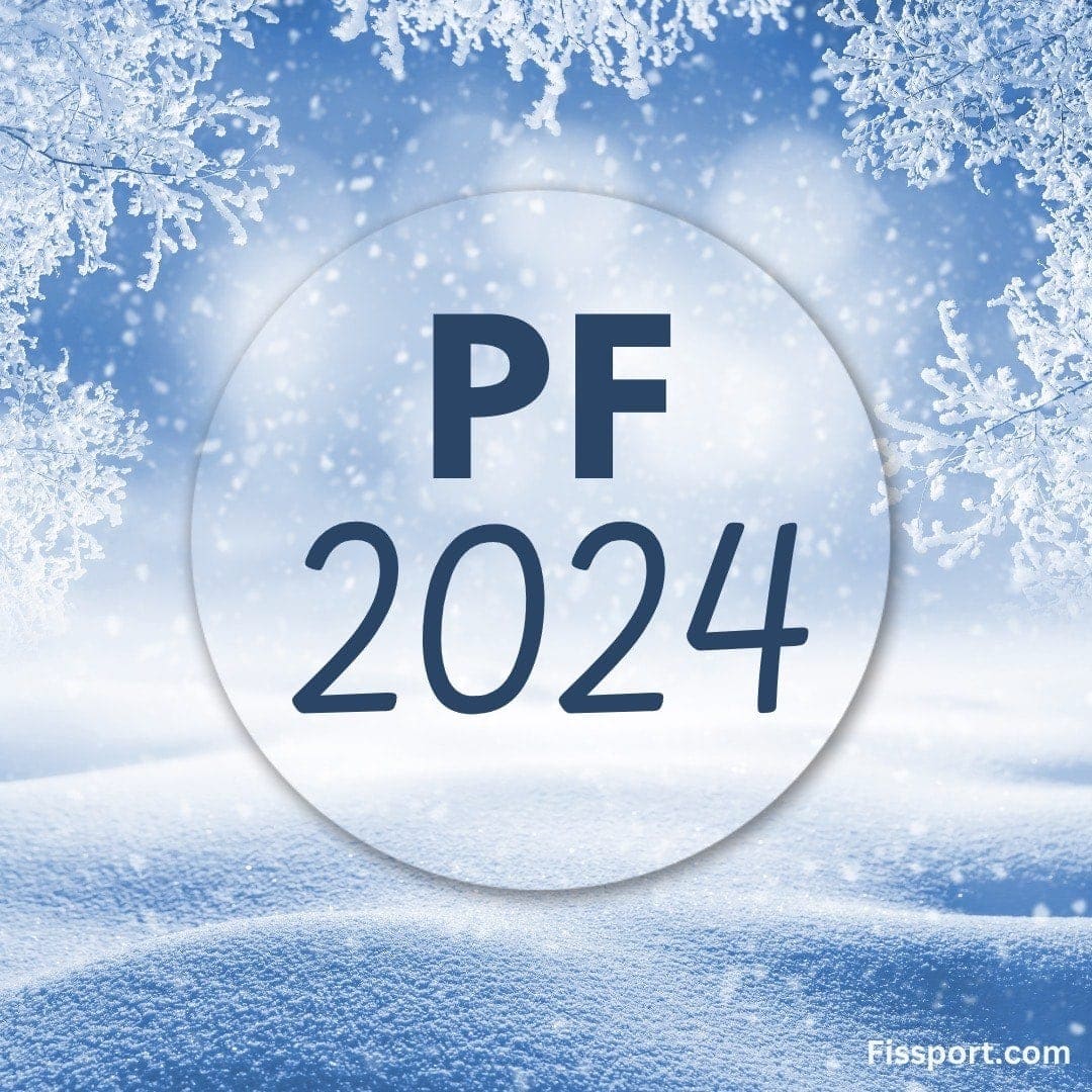 Text "PF 2024" uvnitř kruhu se sněhovými vločkami