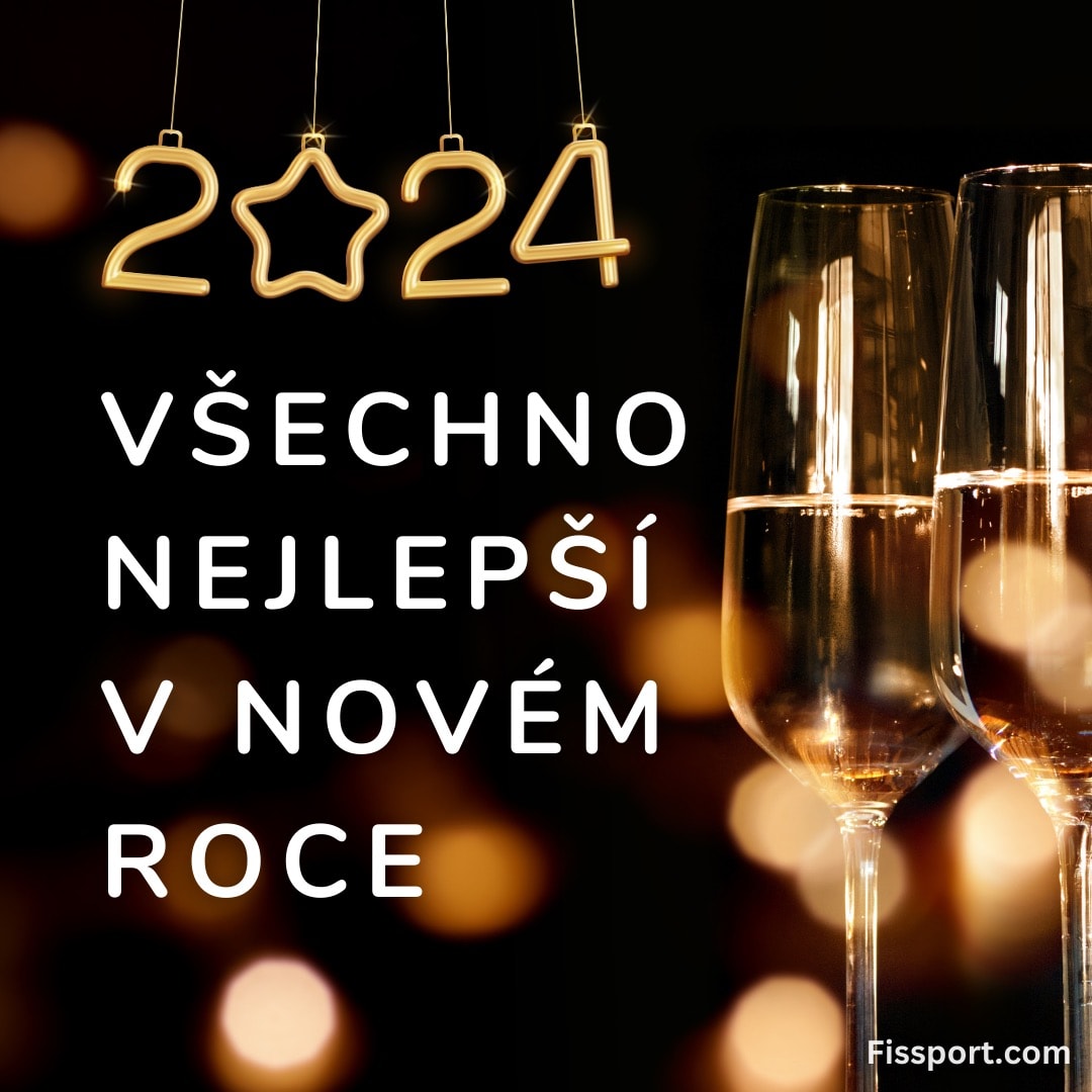 skleničky na šampaňské a zlatá čísla 2024, s textem: Všechno nejlepší v novém roce