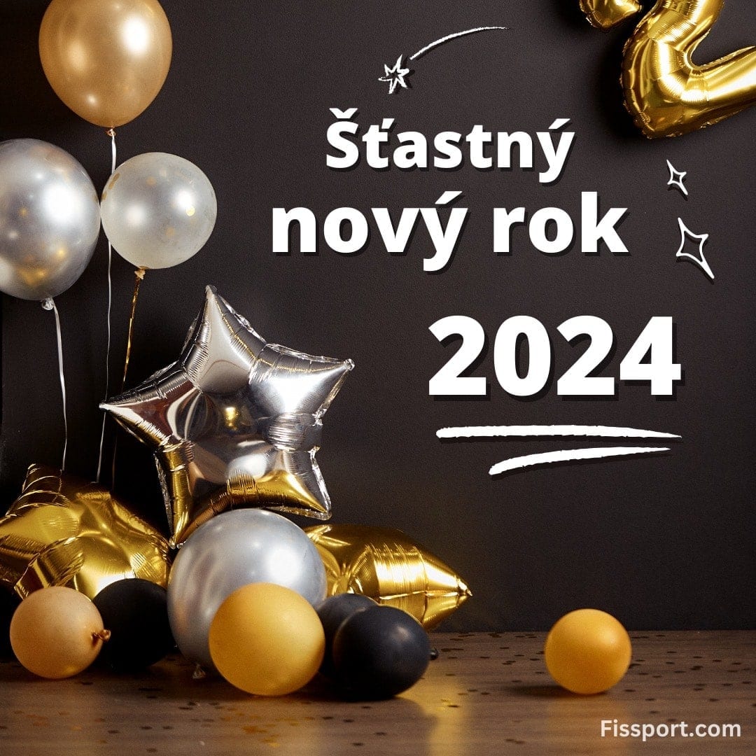 zlaté, stříbrné a černé balónky na párty s textem: Šťastný nový rok 2024