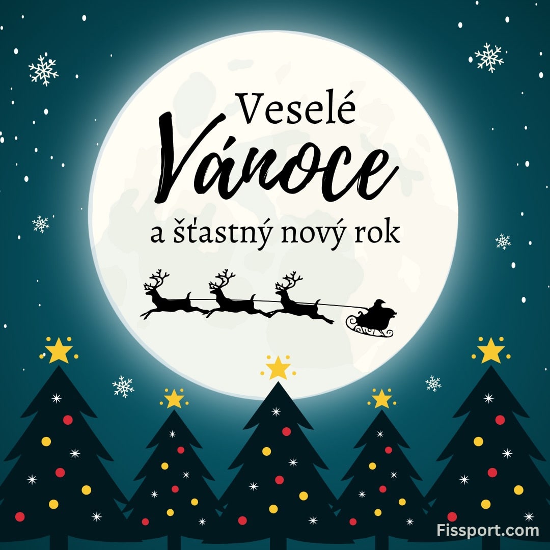 silueta santa a sobů létajících přes úplněk s pozdravem: Veselé Vánoce a šťastný nový rok