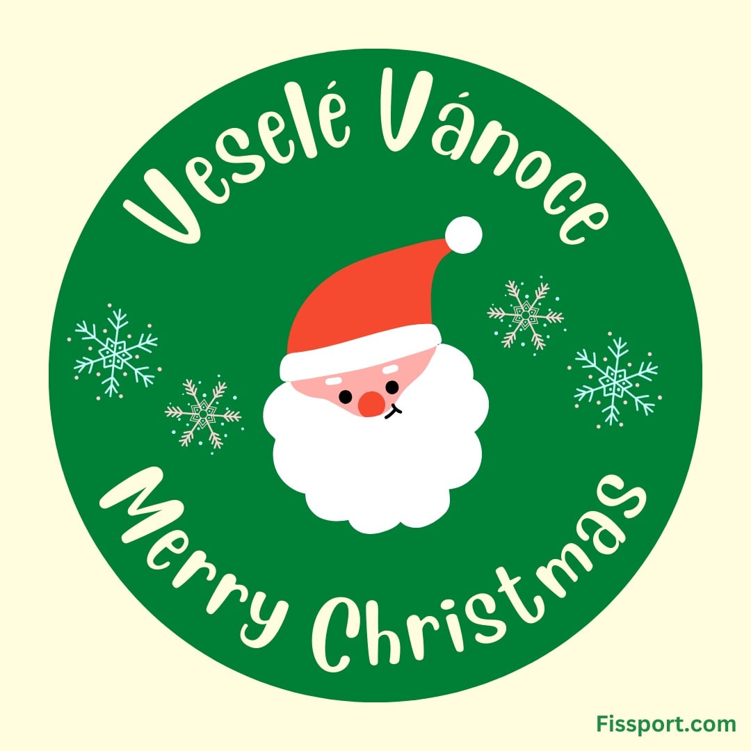 kreslený santa na zeleném kruhu s nápisem: Veselé Vánoce, Merry Christmas