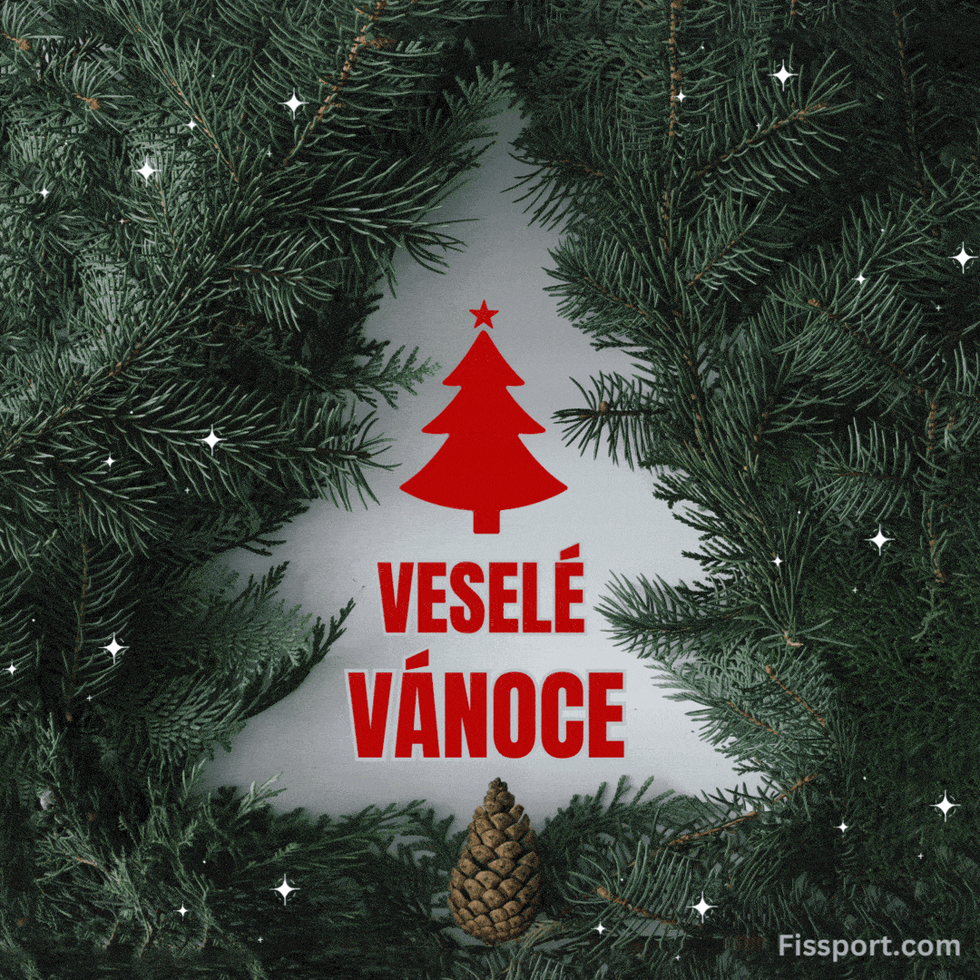 animovaný gif s větvemi jedlí ve tvaru vánočního stromku. červený text: veselé vánoce