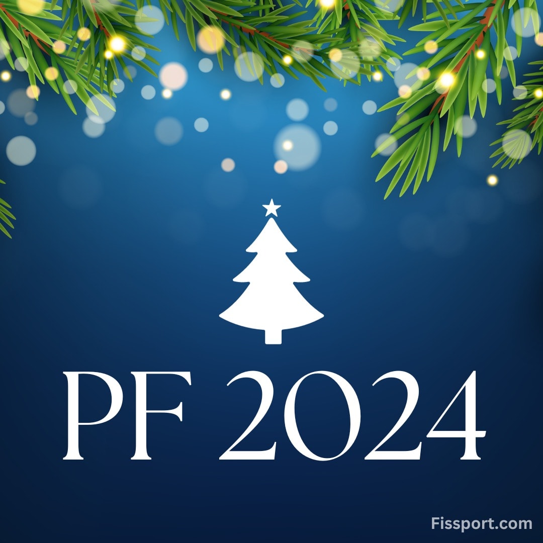 modré pozadí s bílou ikonou vánočního stromku a textem: PF 2024